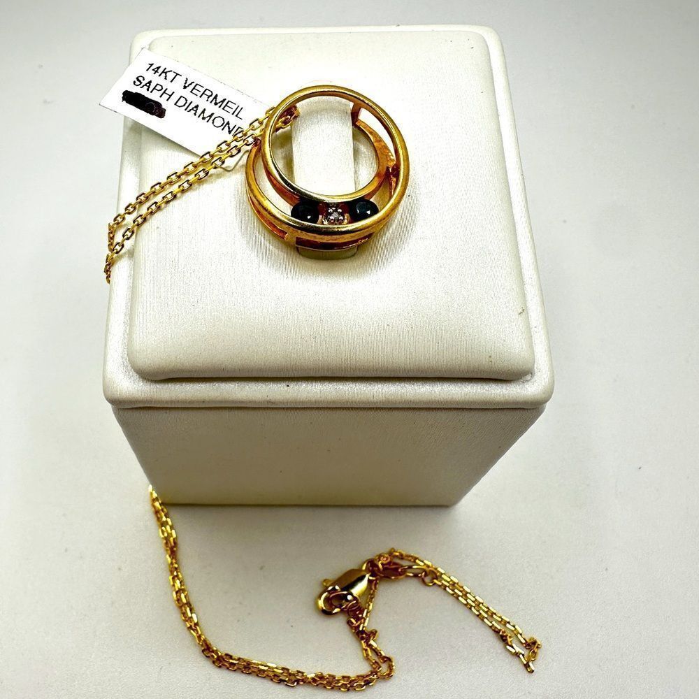 NWT 14kt gold over 925 sapphire and diamond pendant on a 16" chain 925 necklace!